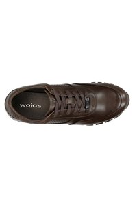 Brown leather sneaker with mesh accents, round toe, lace-up design, and textured rubber sole. Features brand logo on insole.