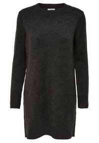 Abito maglione lungo grigio scuro a maniche lunghe con scollo rotondo e polsini e orlo a coste, esposto su sfondo bianco.
