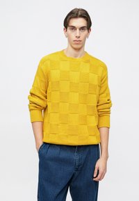 Mladý muž s krátkymi hnedými vlasmi, oblečený v žltom textúrovanom svetri a voľných modrých džínsoch, stojí s jednou rukou v vrecku.