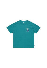 Camiseta de algodón turquesa con cuello redondo, manga corta y un diseño gráfico que presenta formas abstractas en púrpura y blanco.