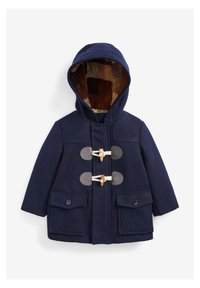 Marineblauer Woll-Dufflecoat mit Kapuze, Knopfverschlüssen, zwei Fronttaschen und einem karrierten Futter in Braun und Tan.