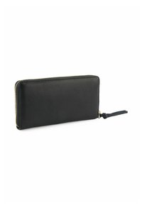 Portafoglio in pelle nera con chiusura a zip e dettaglio a nappina. Forma rettangolare con una superficie liscia e dettagli in hardware dorato.