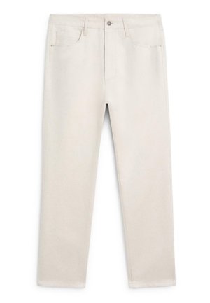 Jean droit blanc cassé avec bouton avant, fermeture éclair, passants de ceinture et design à cinq poches.