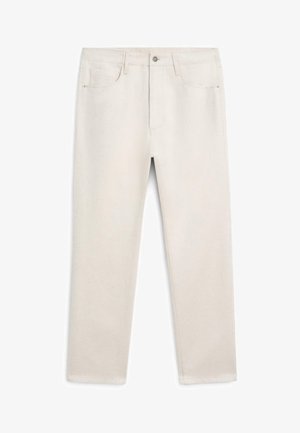 Jean droit blanc cassé avec bouton avant, fermeture éclair, passants de ceinture et design à cinq poches.