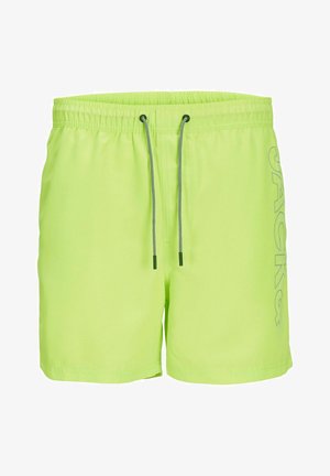 Bañador verde lima con cintura elástica, cordón negro y logo impreso "JACK&" en gris claro. Material sintético suave.