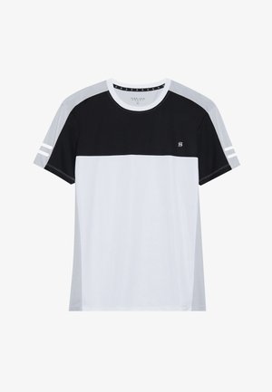 Trumpas rankovėmis T-shirt su juodu viršumi, balta vidurine dalimi ir pilku apatiniu kraštu. Apsaugos juostelėmis rankovėse. Minkšta medžiaga.