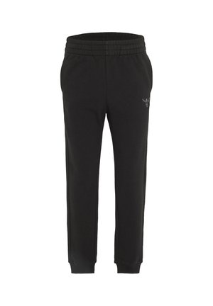 Black jogger pants with elastic waistband and cuffs, featuring a small grey logo on the left thigh.