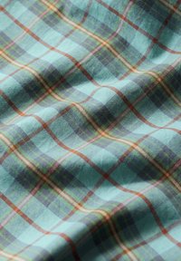 Cotton plaid fabric in light blue, with dark green, red, and yellow lines. The texture is smooth with a slightly wrinkled appearance.