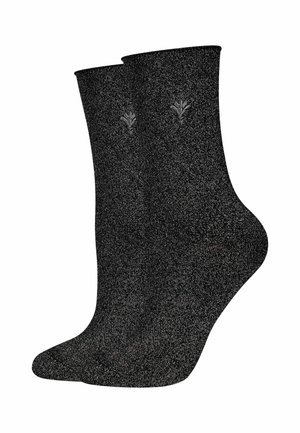 Schwarze Socken mit einer metallischen Oberfläche, die ein dezent eingesticktes Blumenmuster am Bund aufweisen. Glattes Material, Länge bis zur Mitte der Waden.