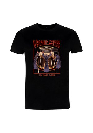 Black cotton t-shirt featuring a graphic design of figures around a coffee pot, with the text "Worship Coffee" and "The Dark Lord" in orange.