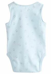 Svetlomodrý bezrukávový body s jemným vzorom medveďov. Vyrobené z mäkkej látky, s okrúhlym výstrihom a patentkami na spodnej strane.