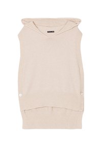 Gebreide mouwloze hoodie in lichtbeige, met een V-hals, ribbelzoom en decoratieve knopen aan de zijkanten. Zachte textuur overal.