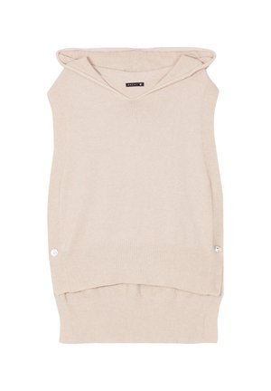 Gebreide mouwloze hoodie in lichtbeige, met een V-hals, ribbelzoom en decoratieve knopen aan de zijkanten. Zachte textuur overal.
