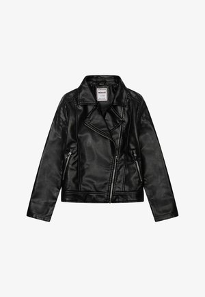 Veste de motard en similicuir noir avec fermeture éclair asymétrique sur le devant, détails matelassés aux épaules, deux poches zippées et large col à revers.