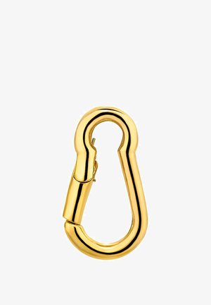 Mosquetón de metal color dorado con forma redondeada, que presenta un mecanismo de bloqueo de resorte y una superficie lisa y reflectante.