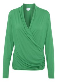 Långärmad grön topp med en draperad V-ringning, samlade sidor och slät yta. Tillverkad av lättviktsmaterial och har en avslappnad passform.