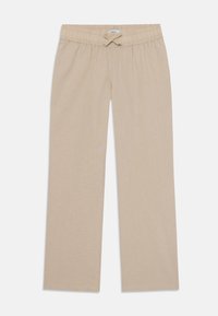 Pantaloni beige realizzati in materiale morbido con vita elasticizzata e cordoncino. Presentano un design a gamba dritta e una texture sottile.