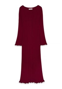 Weinrote Langarmkleid mit geripptem Muster, ausgestellten Ärmeln und einem gewellten Saum. Mit Rundhalsausschnitt und bodenlanger Passform.