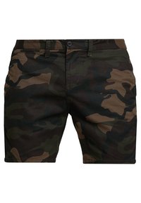 Men’s mid-length shorts with green, brown, and black camouflage pattern, button closure, and belt loops.