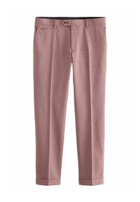 Hose in zartem Rosa mit kariertem Muster. Hergestellt aus leichtem Stoff, mit flachem Vorne, Gürtelschlaufen und umgeschlagenen Säumen.