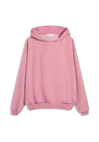 Sweat-shirt à capuche rose en mélange de coton, avec des poignets et un ourlet côtelés, et des clous argentés accentuant la capuche et les épaules.