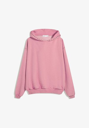 Ružičasta dukserica s kapuljačom napravljena od mješavine pamuka, s rebrastim manžetama i rubom, te s ukrasnim srebrnim čavlima na kapuljači i ramenima.