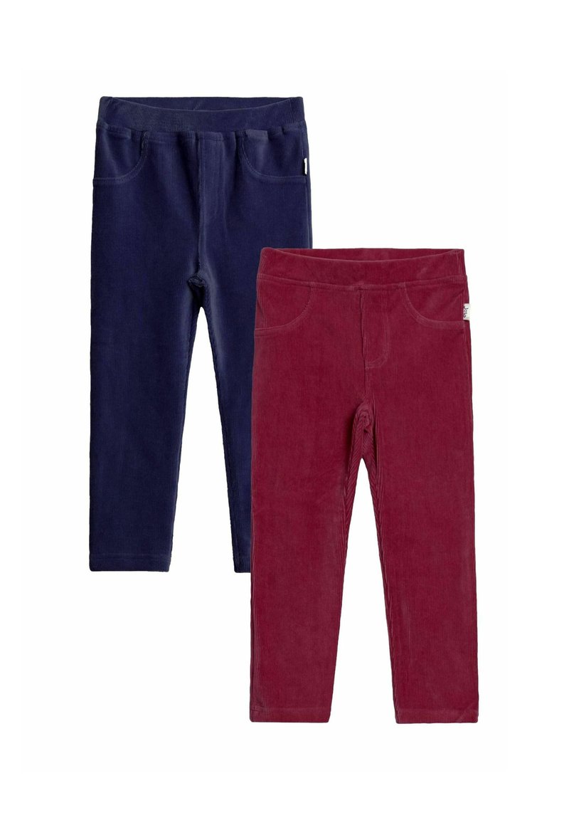 Kordhosen in Dunkelblau und Bordeauxrot, mit einer weichen Textur, schlanker Passform und Fronttaschen. Jede Hose hat einen elastischen Bund für zusätzlichen Komfort.