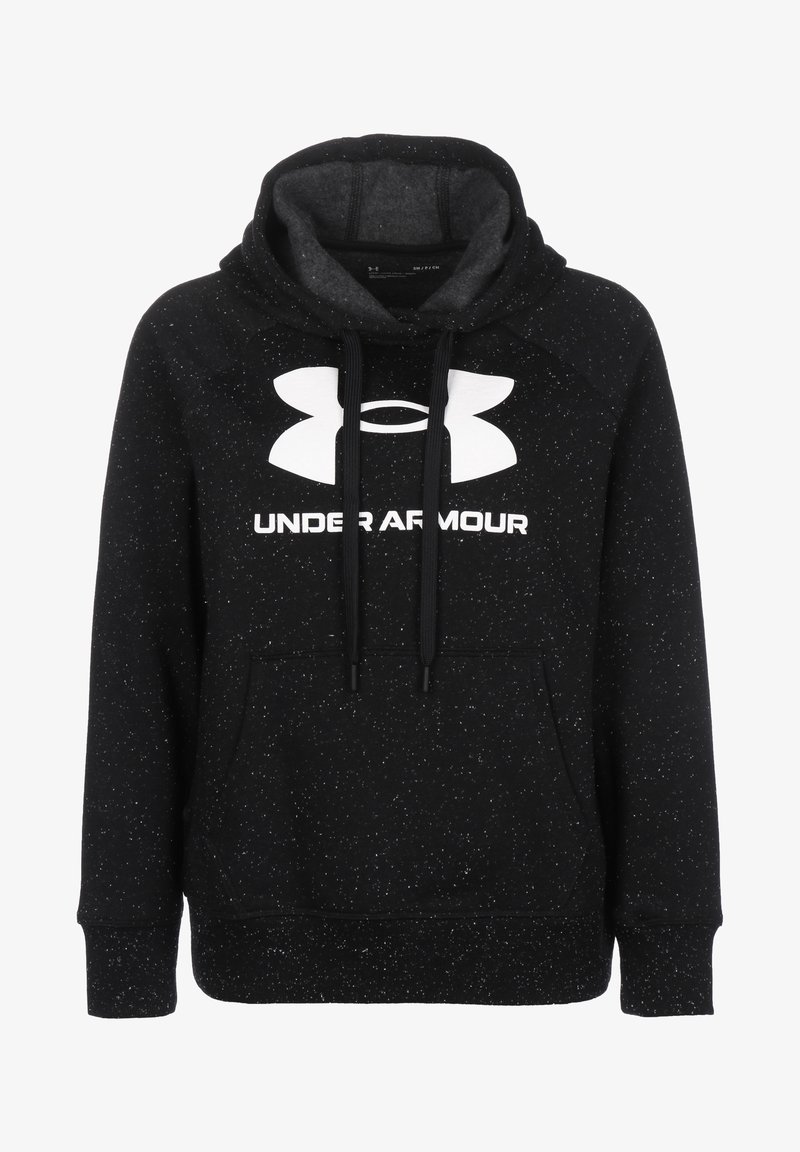Musta huppari, joka on valmistettu brokatusta materiaalista. Siinä on narullinen huppu, etupuolen kengurutasku ja iso valkoinen Under Armour -logo rinnassa.