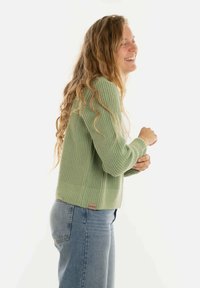 Groene geribde gebreide trui met lange mouwen, met een gemêleerd patroon en een klein merkembleem aan de zoom. Gepaard met blauwe jeans.