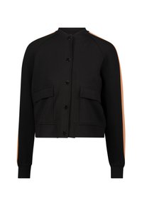 Black cropped jacket with front button closure, two front pockets, and orange stripes on sleeves. Made from a soft, textured fabric.
