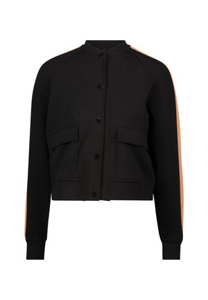 Veste cropped noire avec fermeture à boutons sur le devant, deux poches avant et bandes orange sur les manches. Fabriquée à partir d'un tissu doux et texturé.