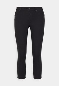Jeans skinny negros de tiro medio, hechos de mezclilla, con cremallera, botón de cierre y cinco bolsillos, con una textura suave y elástica.