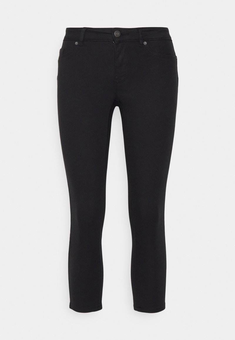 Jeans skinny negros de tiro medio, hechos de mezclilla, con cremallera, botón de cierre y cinco bolsillos, con una textura suave y elástica.