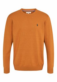 Pull orange à manches longues et col rond avec poignets et ourlet côtelés, avec un petit logo brodé sur la poitrine gauche.
