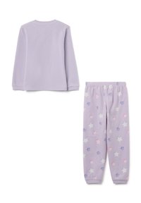 Lilac long-sleeve top and matching pajama pants with a star pattern in pink, white, and light blue on a coordinating background. Soft texture.