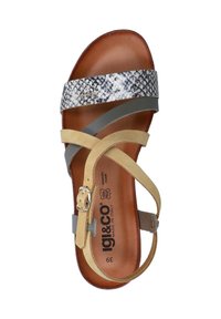 Braune Sandale mit bunten Riemen: gelb, grau und mit Schlangenleder-Print. Verfügt über einen Riemen mit Schnalle und eine gepolsterte Innensohle.