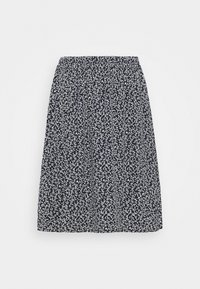 Laivastonsininen hame valkoisella kukkakuviolla, joustavalla vyötäröllä, polvipituinen, valmistettu kevyestä kankaasta, jossa on rypytys koristeena.