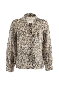 Camicia beige con bottoni, con un motivo a stampa leopardata, maniche lunghe e colletto classico. Tessuto morbido e leggero con una trama leggermente trasparente.