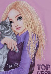 Illustration eines Mädchens mit strukturiertem, lockigem blonden Haar, das einen lila Pullover trägt. Sie hält eine grau gestreifte Katze. Der Hintergrund ist pink.