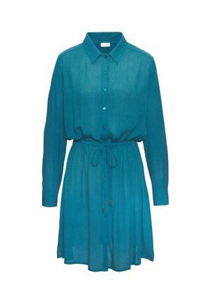 Türkisfarbenes Hemdkleid mit langen Ärmeln, Kragen, Knopfleiste vorne, elastischem Bund und Kordelzug, fließender Stoff in knielanger Länge.