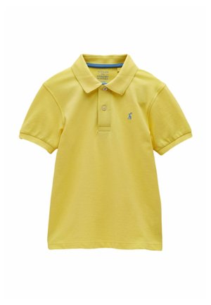 Yellow short-sleeve polo shirt with two buttons, soft collar, and small blue rabbit logo on the left chest.