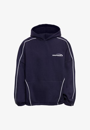 Sweat à capuche bleu marine avec passepoils blancs sur les manches et les poches, poignets élastiques, et logo "DROPSIZE" sur la poitrine.