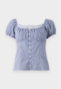 Blusa a maniche puff a quadri blu e bianchi con scollatura quadrata, bordo elastico e chiusura anteriore con bottoni. Tessuto di cotone morbido.