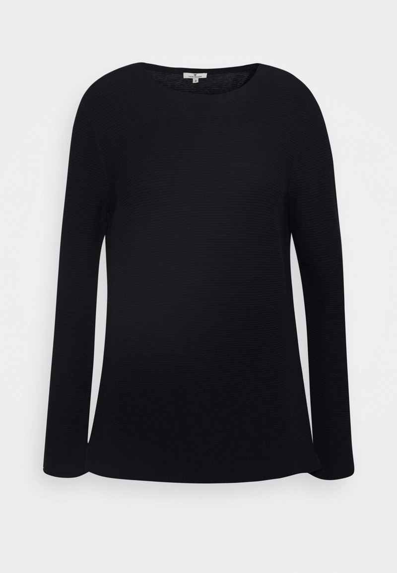 Pull noir à manches longues avec col rond, tissu légèrement texturé et ourlet droit, présenté sur un fond blanc uni.