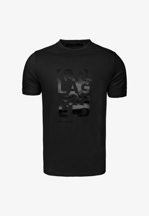 Black short-sleeve crew neck t-shirt with glossy embossed "KARL LAGERFELD" text vertically centered on the front.