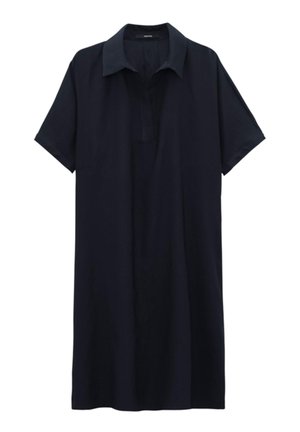 Navy blue short-sleeve shirt dress with a buttoned collar, featuring a loose fit and smooth fabric for comfortable wear.