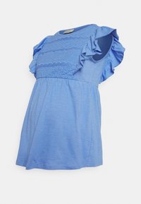 Top de maternidade azul com mangas laceadas, apresentando detalhes de renda texturizada no corpete e um corte descontraído. Tecido leve e suave.