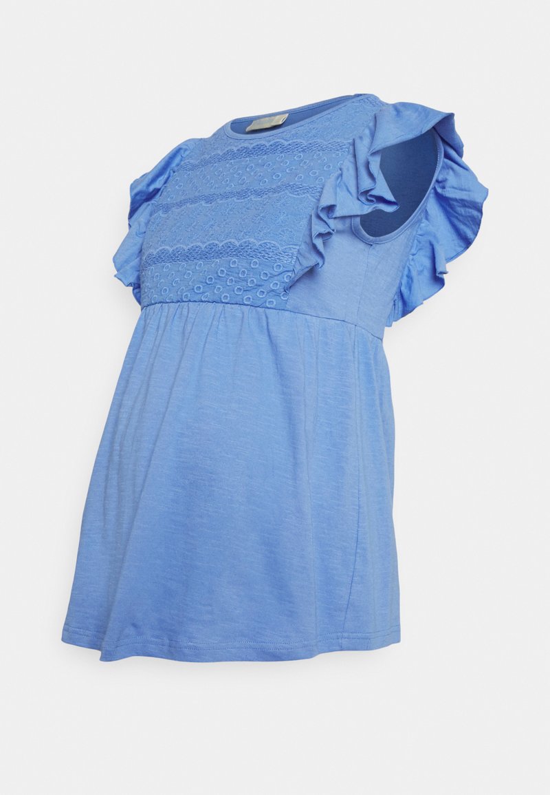 Top de maternidade azul com mangas laceadas, apresentando detalhes de renda texturizada no corpete e um corte descontraído. Tecido leve e suave.