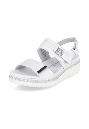 Biała damska sandałka z odkrytymi palcami, dwoma regulowanymi paskami, srebrną klamrą, miękką wkładką i teksturowanym obcasem na platformie.