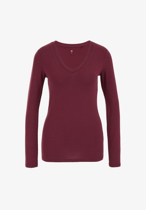 Burgundi színű, hosszú ujjú V-nyakú felső pamut keverék szövetből. Fitt fazon, minimális varrásokkal és sima textúrával. Méret S.